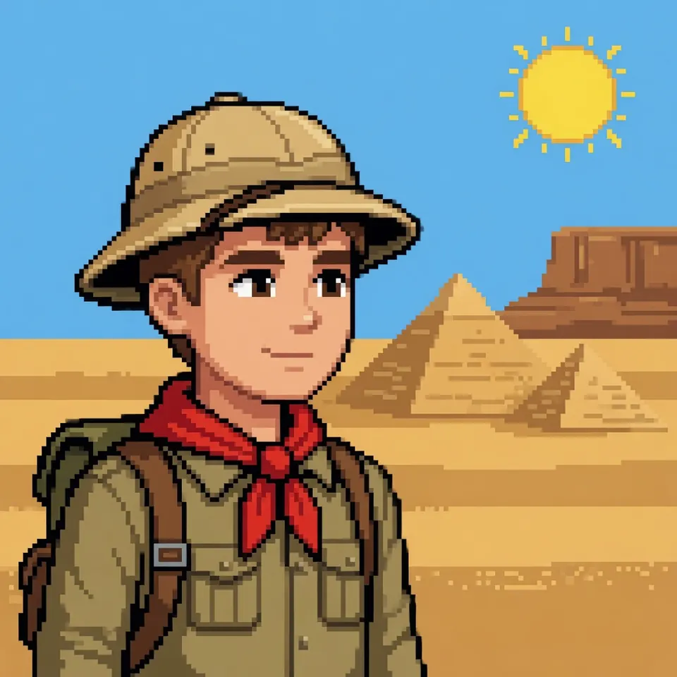 Pixel explorer with a pith helmet, standing in a desert of pyramids and mesas